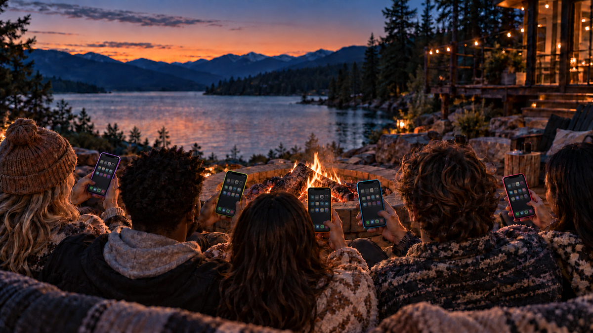 Friends enjoying a fireside evening with RYXTO fluorescent screen protectors